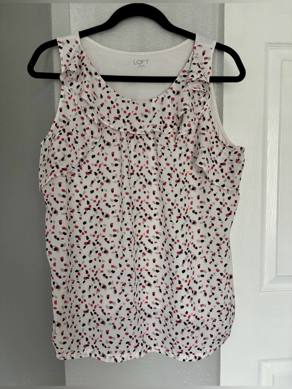 LOFT White Sleeveless Ruffle Neck Tank with Red & Black Dot Print Size L